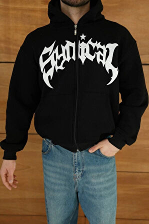 Erkek Kapüşonlu weatshirt  Hoodie 3 İplik Şardonlu Pamuklu Kumaş, Önü Baskılı, Fermuarlı Rahat Kalıp, Kışlık Ve okak tili weat  iyah