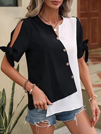 Kadın Kısa Kollu Kollardan Bağlamalı önden Asimetrik Kesim çift Renk Detaylı Düğmeli Ithal Krep Bluz