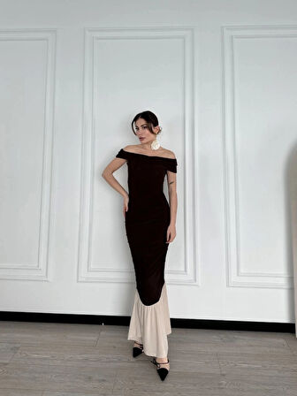 triptiz Omuzlu Uzun Elbise Kahve