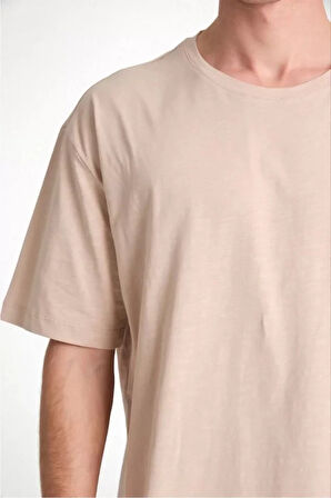 Unisex Düz Biskilet Yaka Oversize Tshirt  Bej