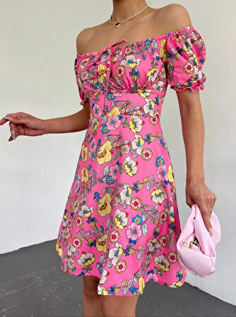 Yakası Lastikli Bağcık Detaylı Mini Elbise Pembe