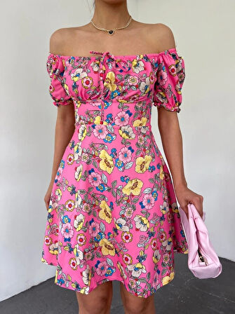 Yakası Lastikli Bağcık Detaylı Mini Elbise Pembe