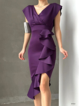 cuba Kumaş Önü Fırfırlı Midi Boy Elbise