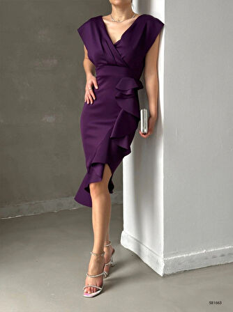 cuba Kumaş Önü Fırfırlı Midi Boy Elbise