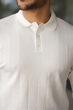 Erkek Düğmeli Yaka çizgi Dokulu Uzun Kollu Triko