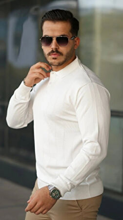 Erkek Düğmeli Yaka çizgi Dokulu Uzun Kollu Triko