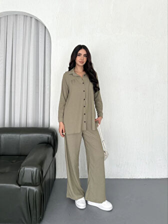 Yakalı Düğmeli Uzun Kollu Gömlek Pantolon Ikili Takım  Bej