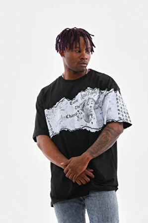 Unisex Bisiklet Yaka Baskılı Oversize Thirt  iyah