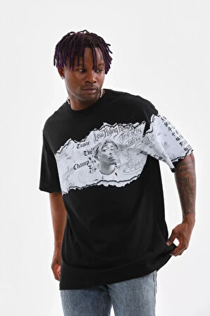 Unisex Bisiklet Yaka Baskılı Oversize Thirt  iyah