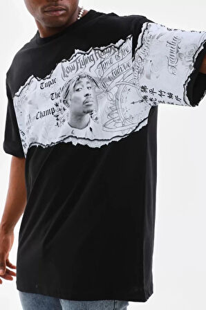 Unisex Bisiklet Yaka Baskılı Oversize Thirt  iyah