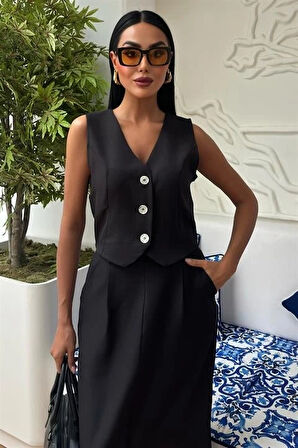 Etek Yırtmaçlı Yelekli Keten Takım 10131