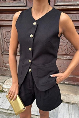 Gold Düğme Detaylı Yelek Şort Cotton Takım 1013417