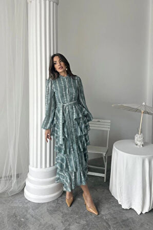 Mint Uzun Volanlı Elbise