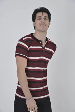 Erkek Yakalı lim Fit Dokuma Çizgili Thirt  Bordo