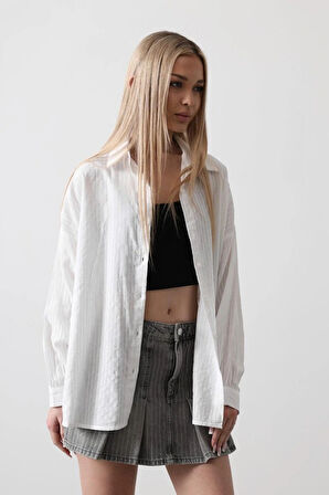 Çizgili Uzun Kol Gömlek  Beyaz