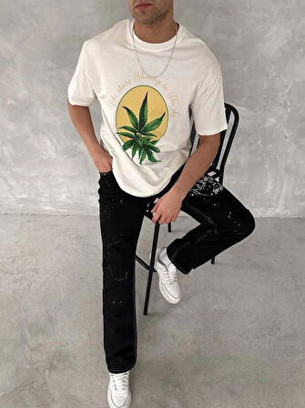 Ön Ve Arka Baskılı Oversize Bisiklet Yaka Tshirt Beyaz