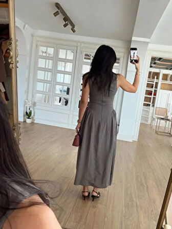 Kolsuz Uzun Kabardin Elbise  Gri