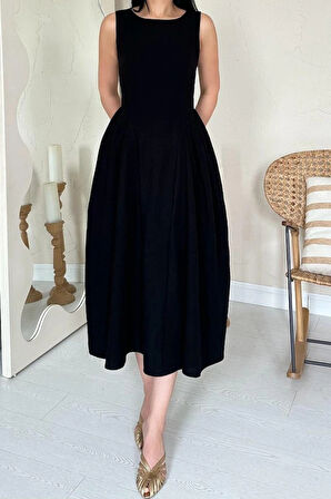 iyah Yanları Büzgülü idi Boy Keten Elbise