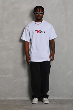 Unisex Bisiklet Yaka Double Oversize Baskılı Thirt  Beyaz