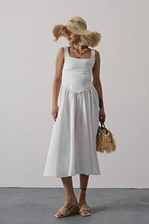 Askılı Uzun Elbise  Beyaz