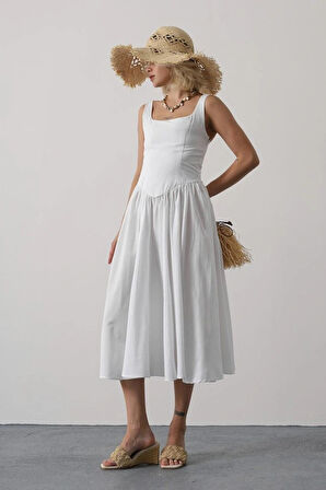 Askılı Uzun Elbise  Beyaz