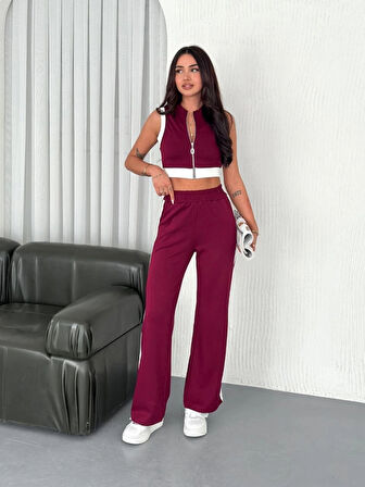 Osy odal Yumuşak Dokulu Kumaş Tam Fermuarlı Crop Pantalon İkili Takım  Bordo