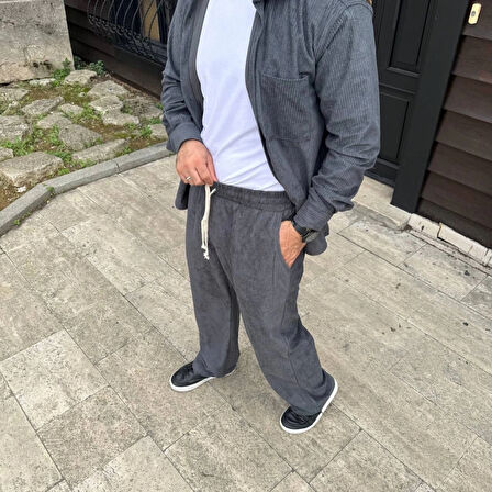 Erkek Fitilli Kadife Cepli Buggy Pantolon Oversize Rahat Kalıp  Füme
