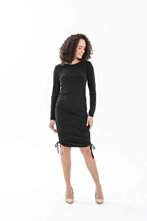 Kadın Uzun Kol Büzgü Detaylı andy Kumaş Ayarlanabilir Boy Fırsat Ürün Elbise