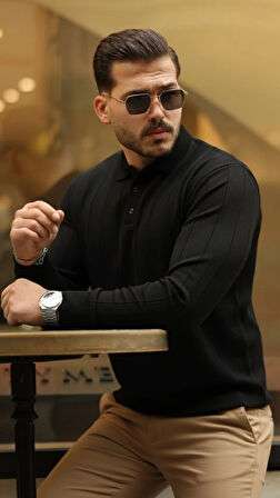 Erkek Düğmeli Yaka çizgi Dokulu Uzun Kollu Triko