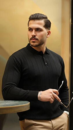 Erkek Düğmeli Yaka çizgi Dokulu Uzun Kollu Triko