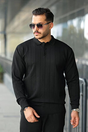 Erkek Düğmeli Yaka çizgi Dokulu Uzun Kollu Triko