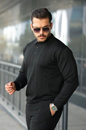 Erkek Düğmeli Yaka çizgi Dokulu Uzun Kollu Triko