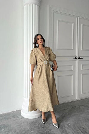 Gold Işıltılı Kemerli Kruvaze Elbise