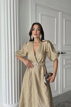 Gold Işıltılı Kemerli Kruvaze Elbise