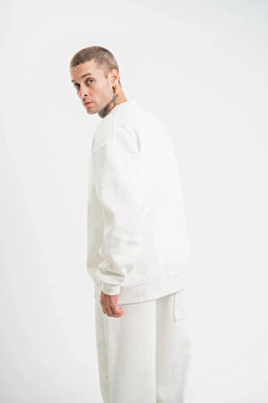 Unisex Uzun Kol Bisiklet Yaka Yıkamalı weathirt  Beyaz