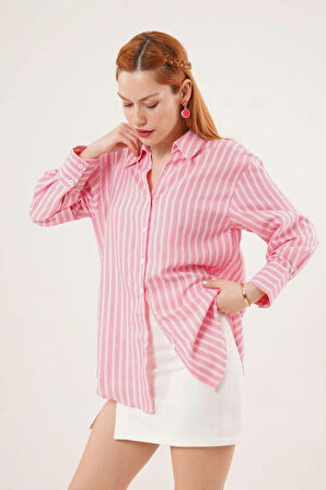 Çift Çizgi Geçişli Düğmeli Pembe Gömlek