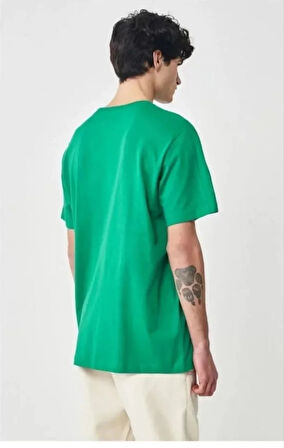 Unisex Düz Biskilet Yaka Oversize Tshirt  Yeşil