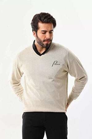 Baskılı V Yaka Uzun Kol Dokuma Triko  Bej