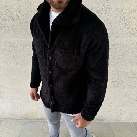 Erkek Pelüş Polar Hırka Gömlek – Yakalı, İlik Düğmeli, Göğüs Cepli, Yumuşak Dokulu Kışlık Regular Fit Rahat Günlük odel  iyah