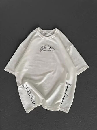 Unisex Baskılı Oversize Thirt  Beyaz