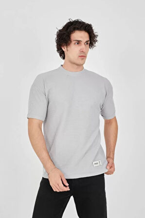 Unisex Waffle Kumaş Rahat Kol Thirt  Boyalı Gri