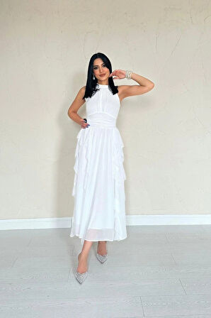 Beyaz Önü Büzgülü Fırfırlı Elbise