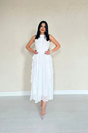 Beyaz Önü Büzgülü Fırfırlı Elbise