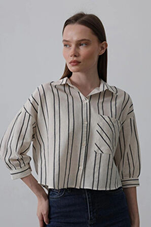 Çizgili Kısa Gömlek  Bejacivert