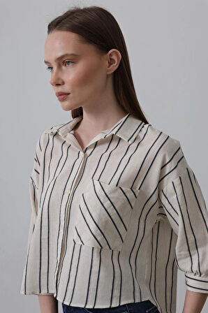 Çizgili Kısa Gömlek  Bejacivert