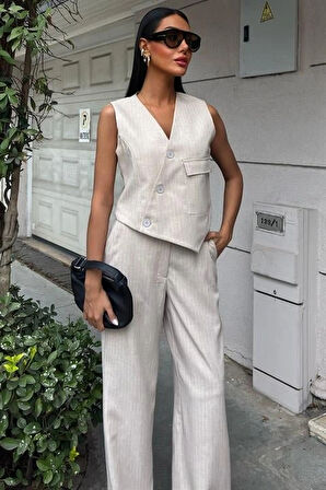 Yeleği Çapraz Detay Düğmeli Cepli Yelekli Takım 10150