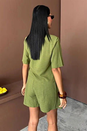 Gömlek Şort Etek Viscon Keten Takım 10162
