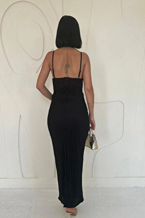 Siyah Piliseli Halter Boyun Elbise