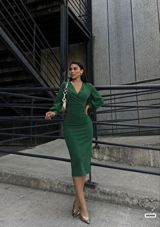 Kadın Kruvaze Yaka Balon Kol imli Krep Kumaş idi Boy Elbise