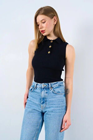 Patlı Düğmeli Triko Atlet  Siyah